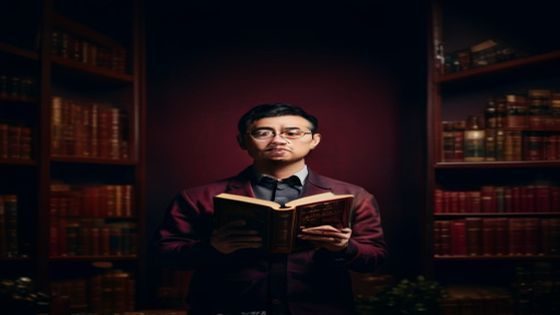 久久小说编辑说书视频封面，编辑手持书籍站在书架前，专业灯光打亮，深色背景酒红点缀